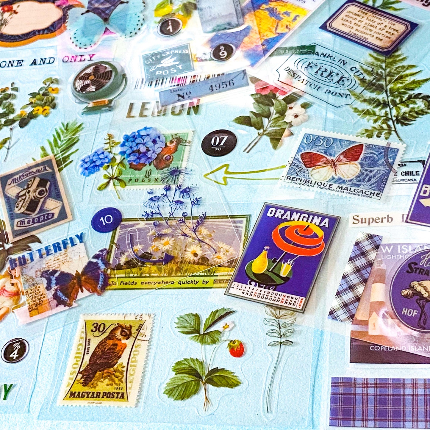 VINTAGE EPHEMERA Clear Sticker Sheets- Pack of 25 -Plants Retro Postage Stamps & Butterflies - Junk Journal, Scrapbooking Pack C. BLUE/GREEN