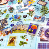 VINTAGE EPHEMERA Clear Sticker Sheets- Pack of 25 -Plants Retro Postage Stamps & Butterflies - Junk Journal, Scrapbooking Pack C. BLUE/GREEN