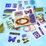 pack of 25 clear sticker sheets in blue and green theme featuring vintage butterflies, stamps, flowers, plants and retro packaging of products labels