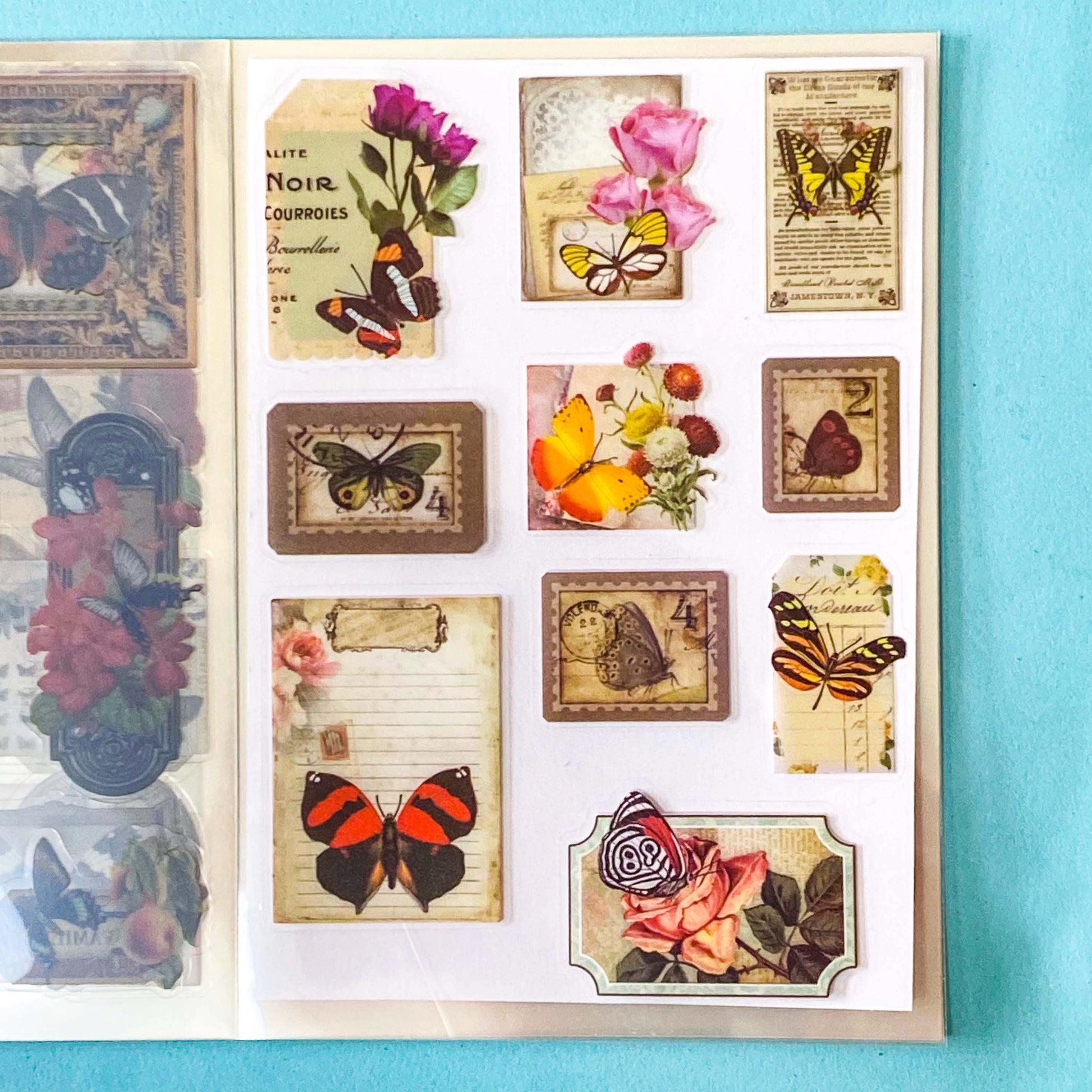 vintage butterfly botanical sticker book with 20 pages of clear ephemera stickers and antique nature illustrations, cards and labels