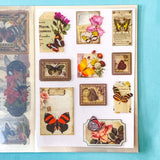 vintage butterfly botanical sticker book with 20 pages of clear ephemera stickers and antique nature illustrations, cards and labels