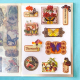vintage butterfly botanical sticker book with clear ephemera stickers and antique nature illustrations, cards and labels