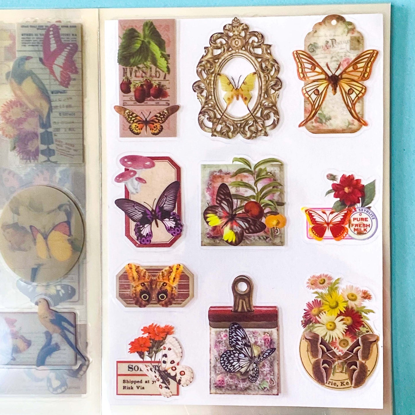 vintage butterfly botanical sticker book with 20 pages of clear ephemera stickers and antique nature illustrations, cards and labels