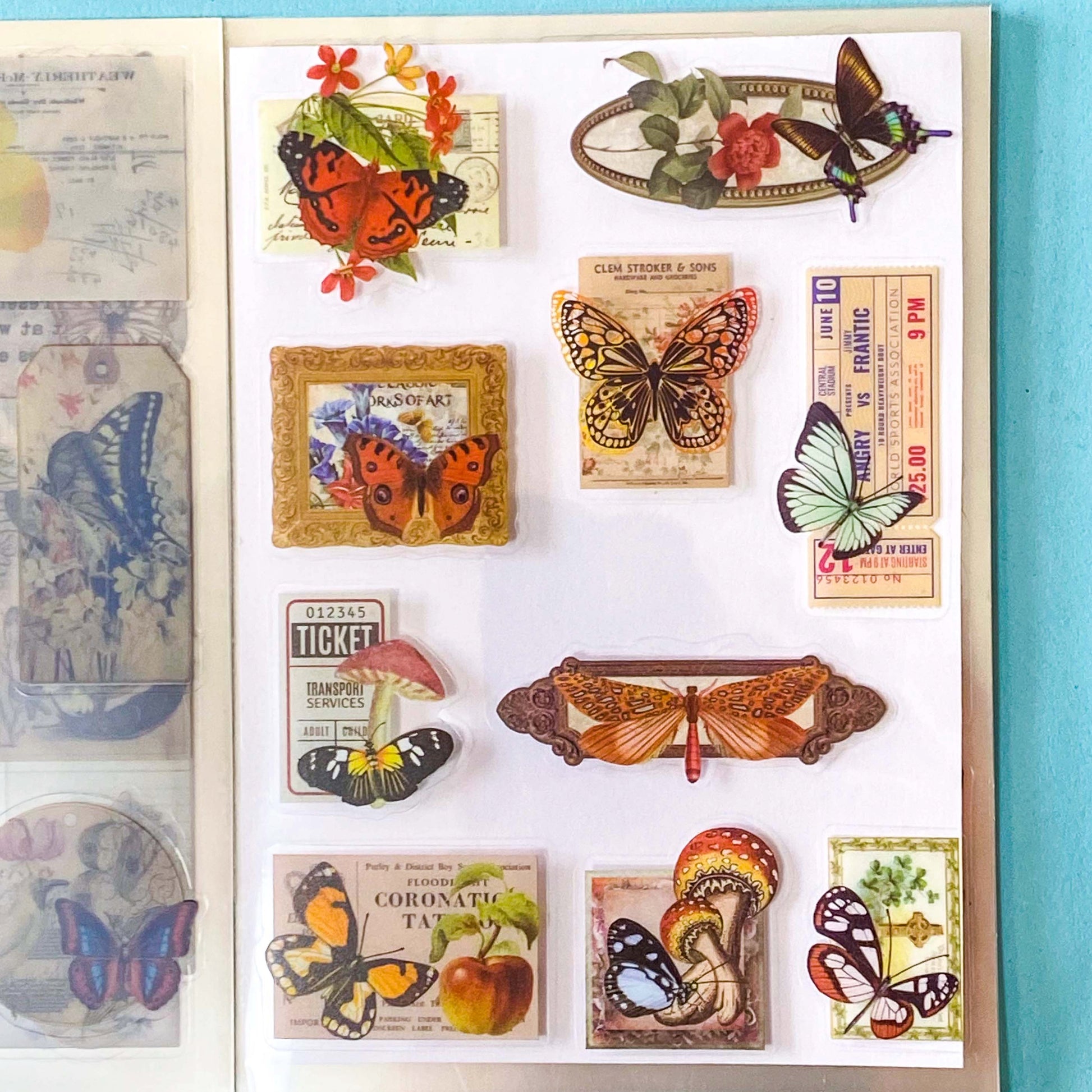 vintage butterfly botanical sticker book with 20 pages of clear ephemera stickers and antique nature illustrations, cards and labels
