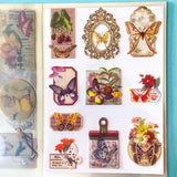 vintage butterfly botanical sticker book with 20 pages of clear ephemera stickers and antique nature illustrations, cards and labels