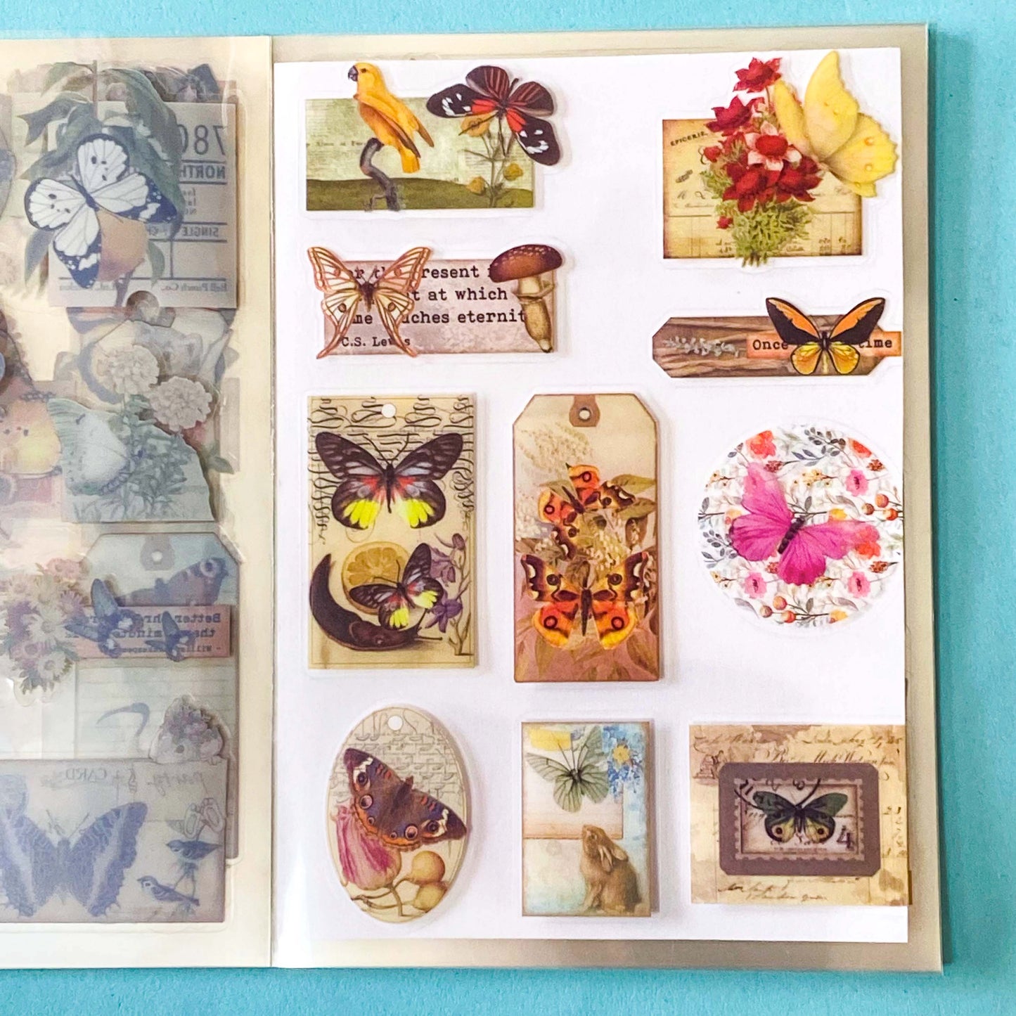vintage butterfly botanical sticker book with 20 pages of clear ephemera stickers and antique nature illustrations, cards and labels