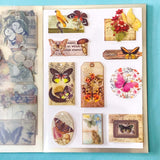 vintage butterfly botanical sticker book with 20 pages of clear ephemera stickers and antique nature illustrations, cards and labels