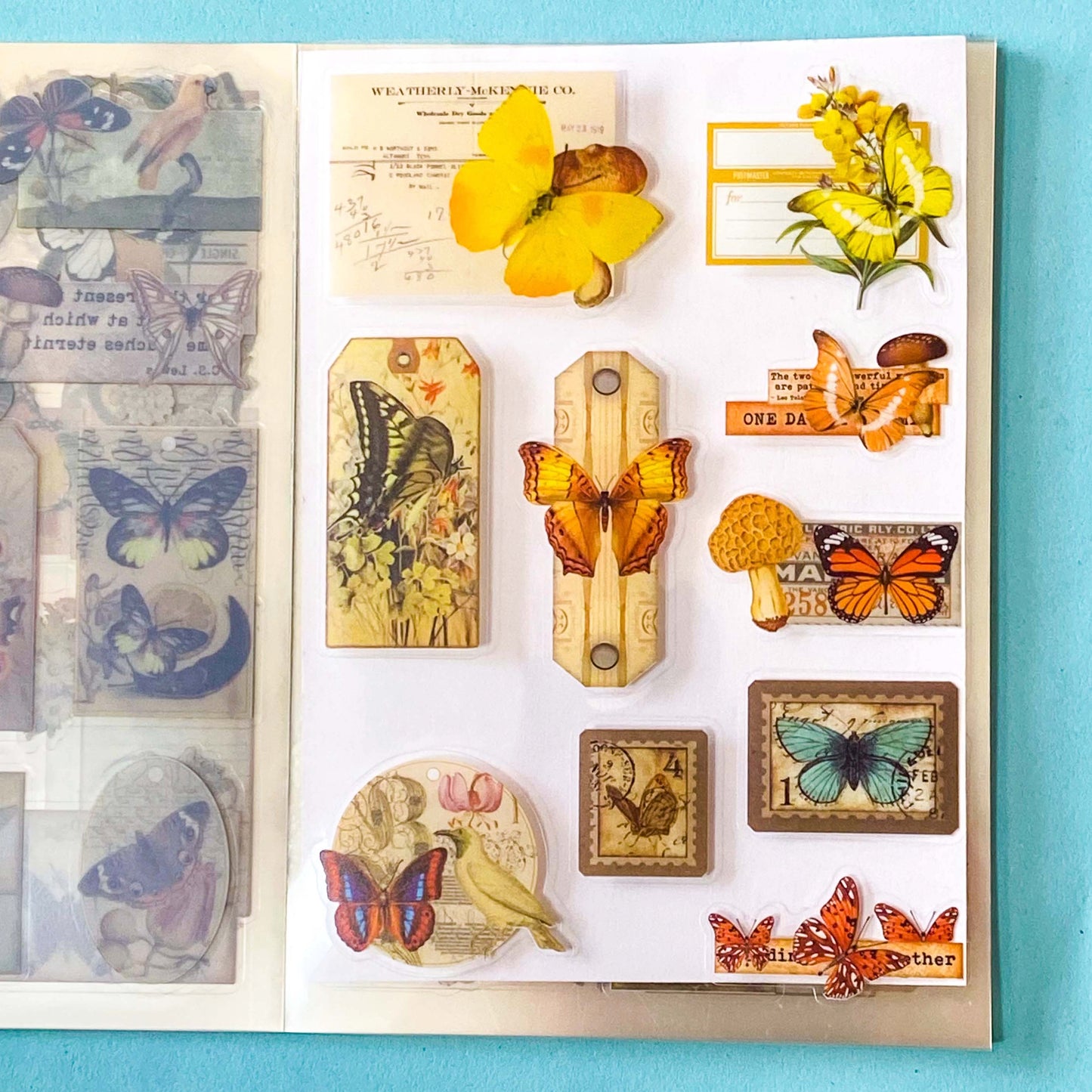 vintage butterfly botanical sticker book with 20 pages of clear ephemera stickers and antique nature illustrations, cards and labels