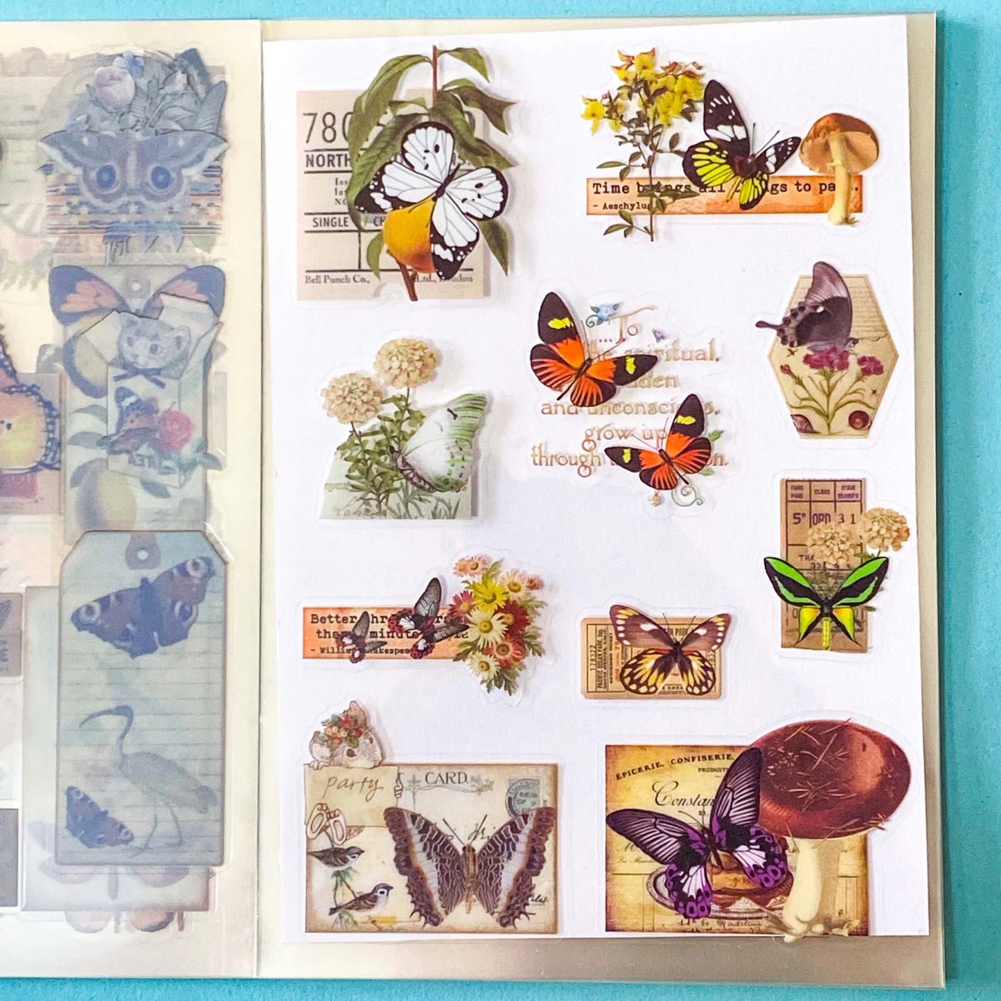 vintage butterfly botanical sticker book with 20 pages of clear ephemera stickers and antique nature illustrations, cards and labels