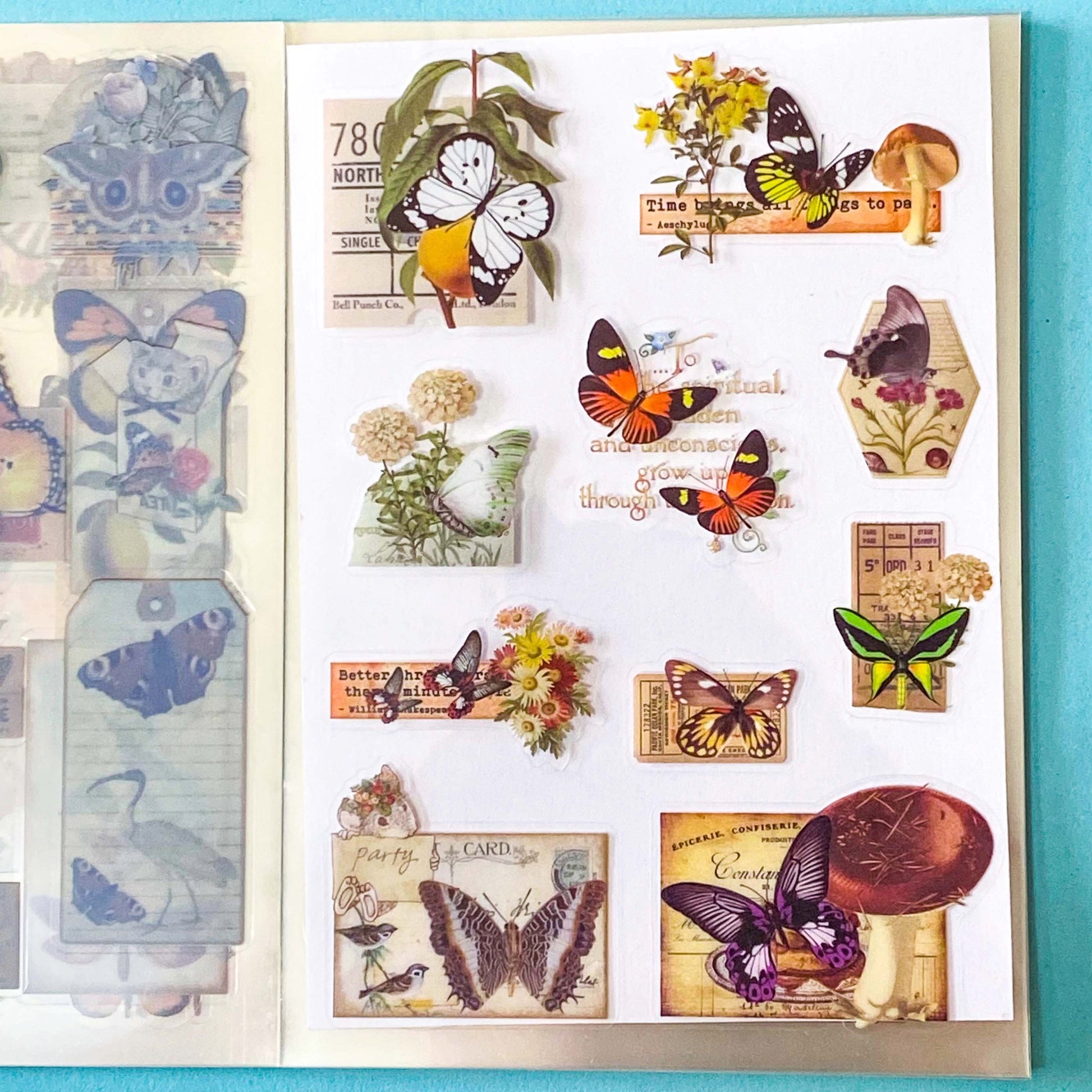 vintage butterfly botanical sticker book with 20 pages of clear ephemera stickers and antique nature illustrations, cards and labels