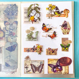 vintage butterfly botanical sticker book with 20 pages of clear ephemera stickers and antique nature illustrations, cards and labels