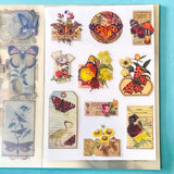 vintage butterfly botanical sticker book with 20 pages of clear ephemera stickers and antique nature illustrations, cards and labels