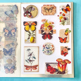 vintage butterfly botanical sticker book with 20 pages of clear ephemera stickers and antique nature illustrations, cards and labels