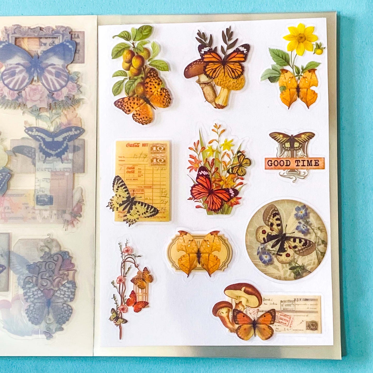 vintage butterfly botanical sticker book with 20 pages of clear ephemera stickers and antique nature illustrations, cards and labels