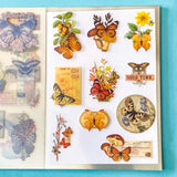 vintage butterfly botanical sticker book with 20 pages of clear ephemera stickers and antique nature illustrations, cards and labels