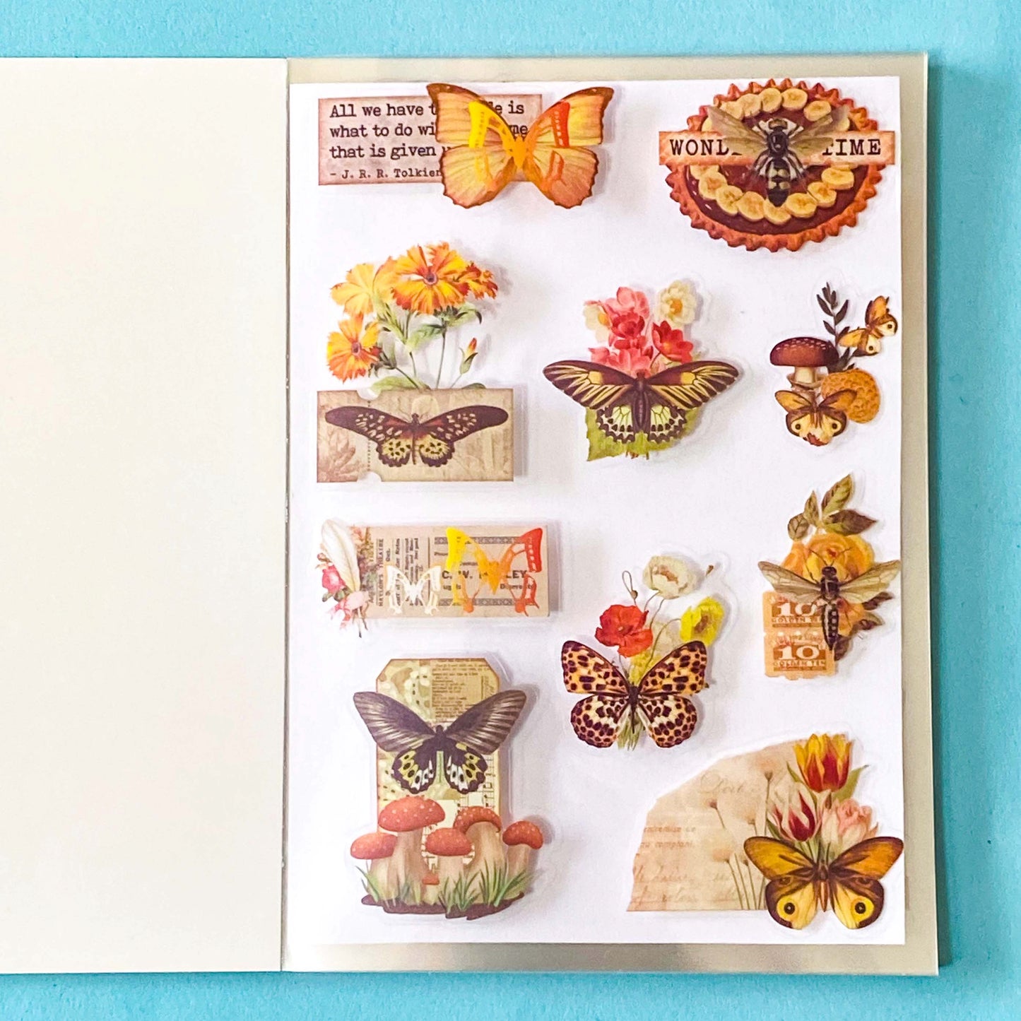 vintage butterfly botanical sticker book with 20 pages of clear ephemera stickers and antique nature illustrations, cards and labels