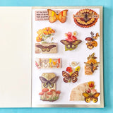 vintage butterfly botanical sticker book with 20 pages of clear ephemera stickers and antique nature illustrations, cards and labels