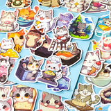 kawaii cat adventure laptop stickers pack with 50 colourful cute cartoon cat stickers on a blue background