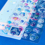 close up of the cute domed sheet of plastic stickers with kawaii bunnies and hearts