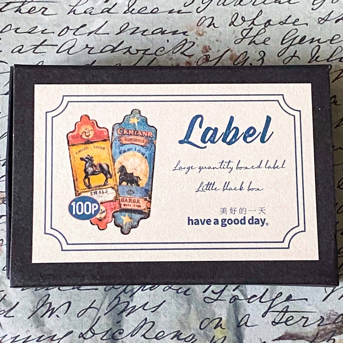 box of 100 vintage label stickers with antique tags and paper ephemera
