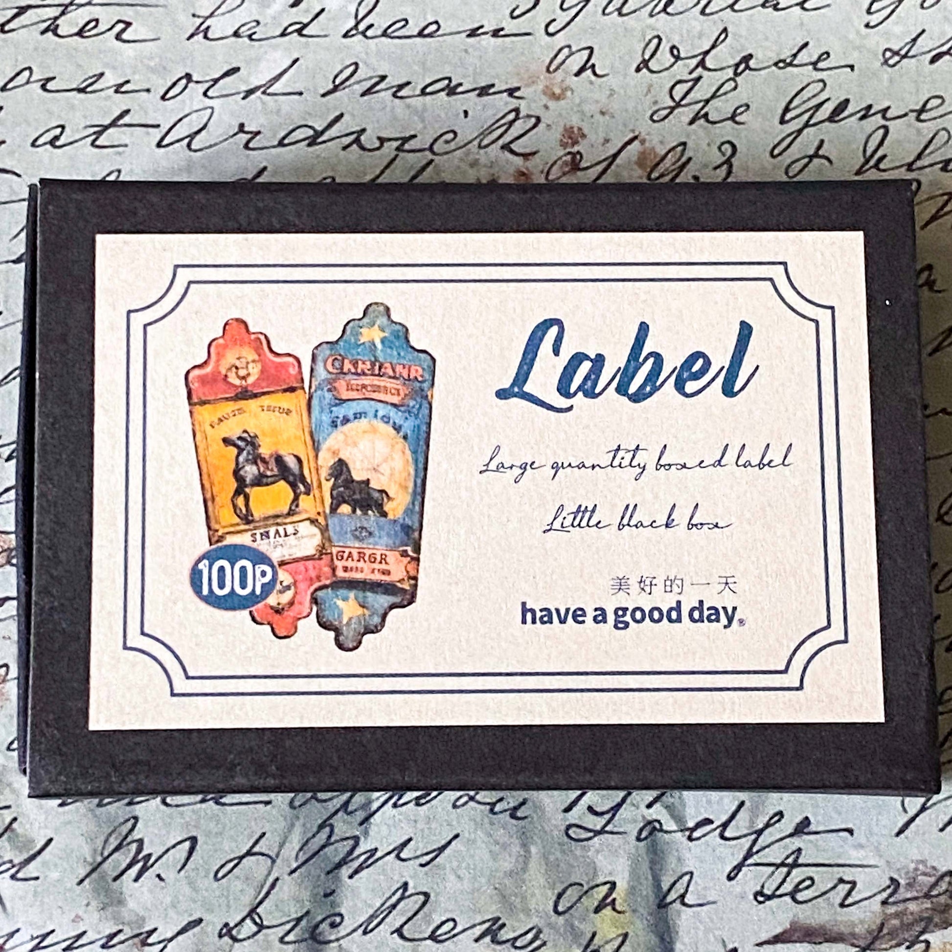 box of 100 vintage label stickers with antique tags and paper ephemera