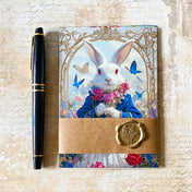alice in wonderland postcard set wrapped in kraft belly band with wax seal sticker featuring white rabbit illustration