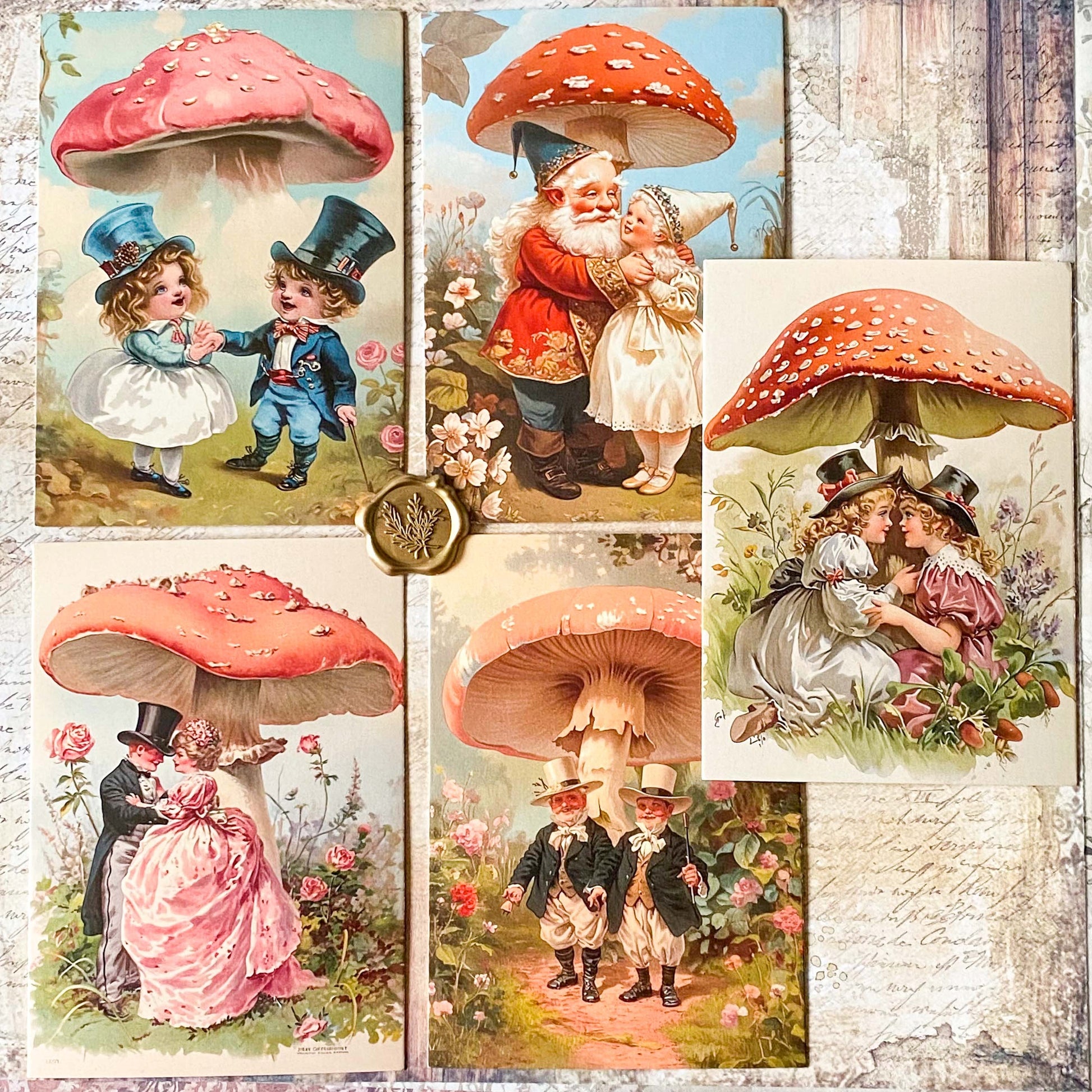 set of five vintage style postcards with mushroom garden scenes and storybook illustrations
