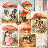 set of five vintage style postcards with mushroom garden scenes and storybook illustrations