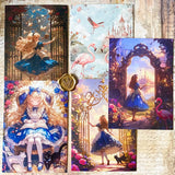 set of 5 alice in wonderland postcards with flamingo garden, mirror frame and castle illustrations