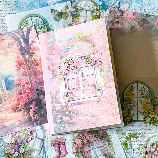 vintage floral sticker book showing scrapbook papers, window designs and botanical stickers