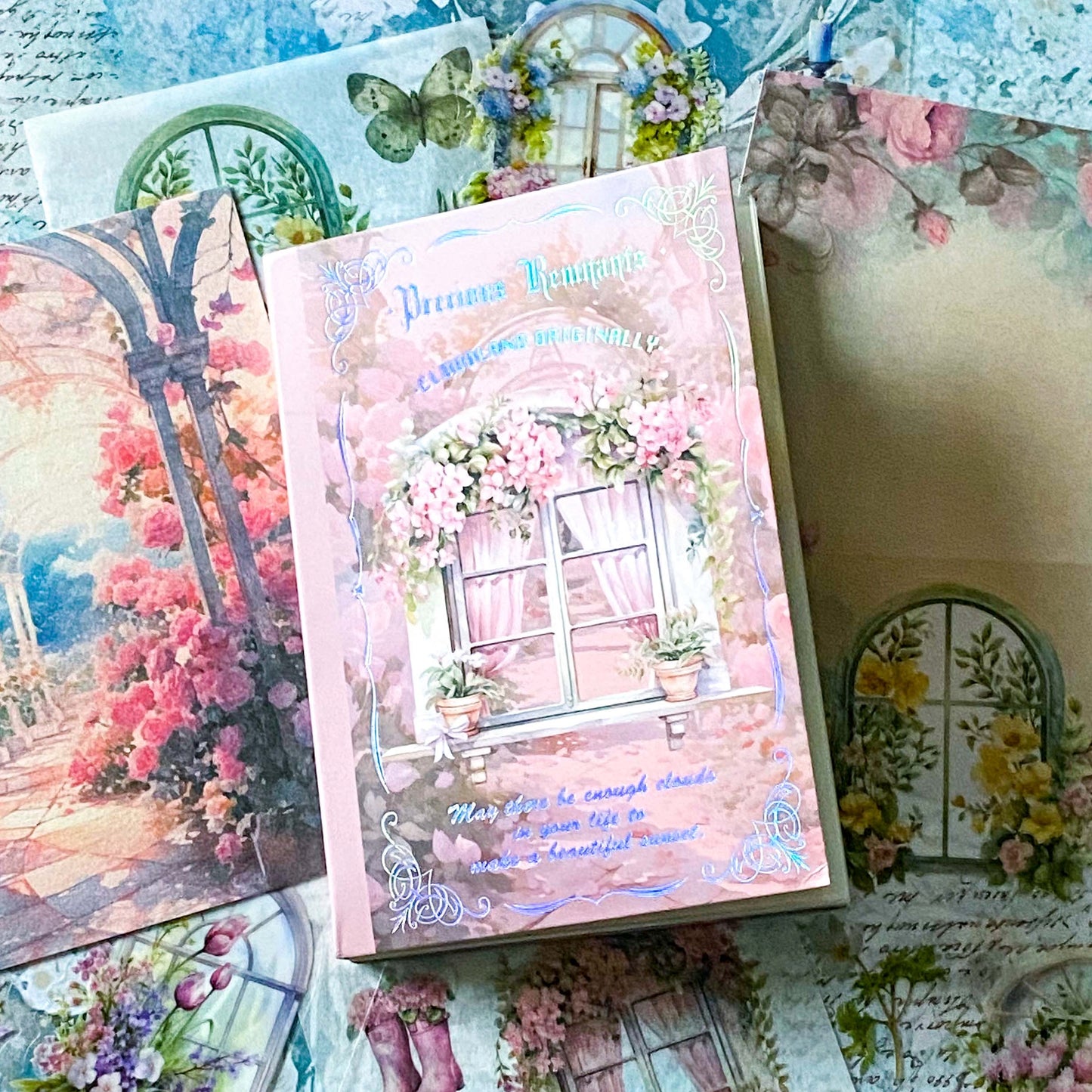 vintage floral 54 page sticker book with botanical window stickers in washi paper, clear PET and scrapbook paper pages