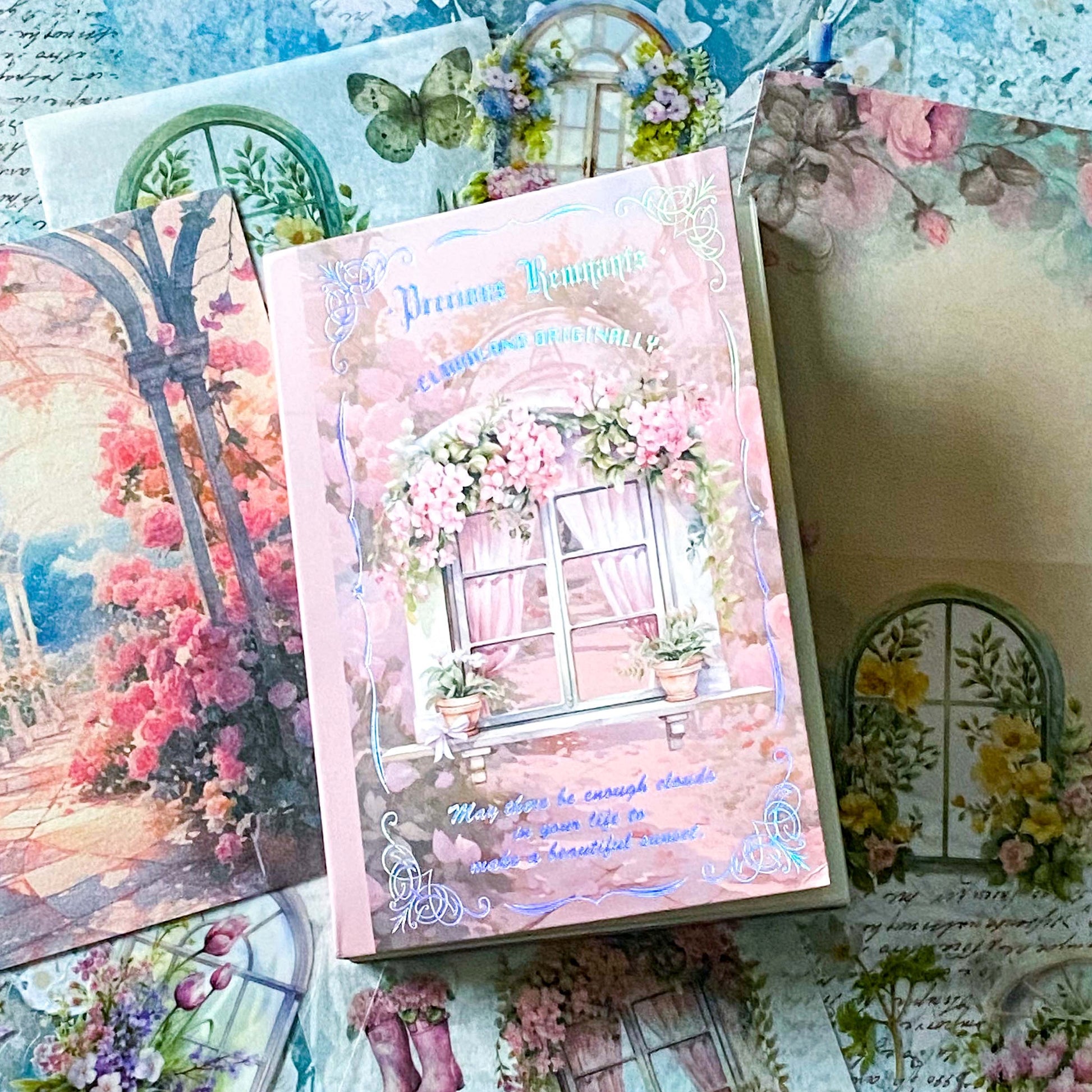 vintage floral 54 page sticker book with botanical window stickers in washi paper, clear PET and scrapbook paper pages