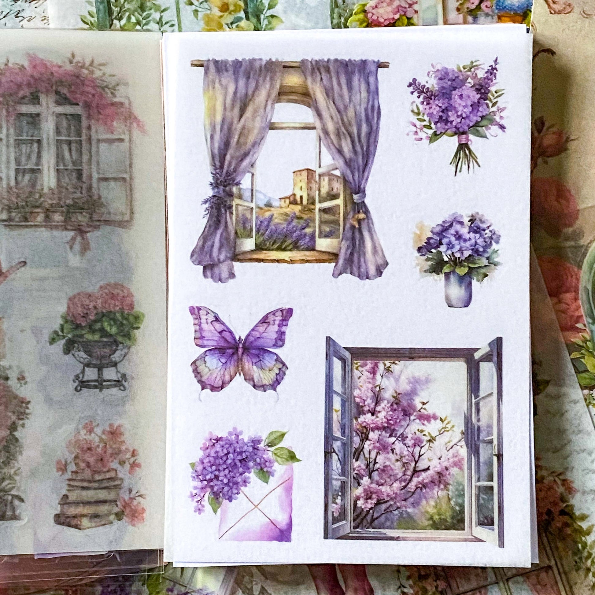 close up of lilac floral and butterfly stickers with soft pastel aesthetic