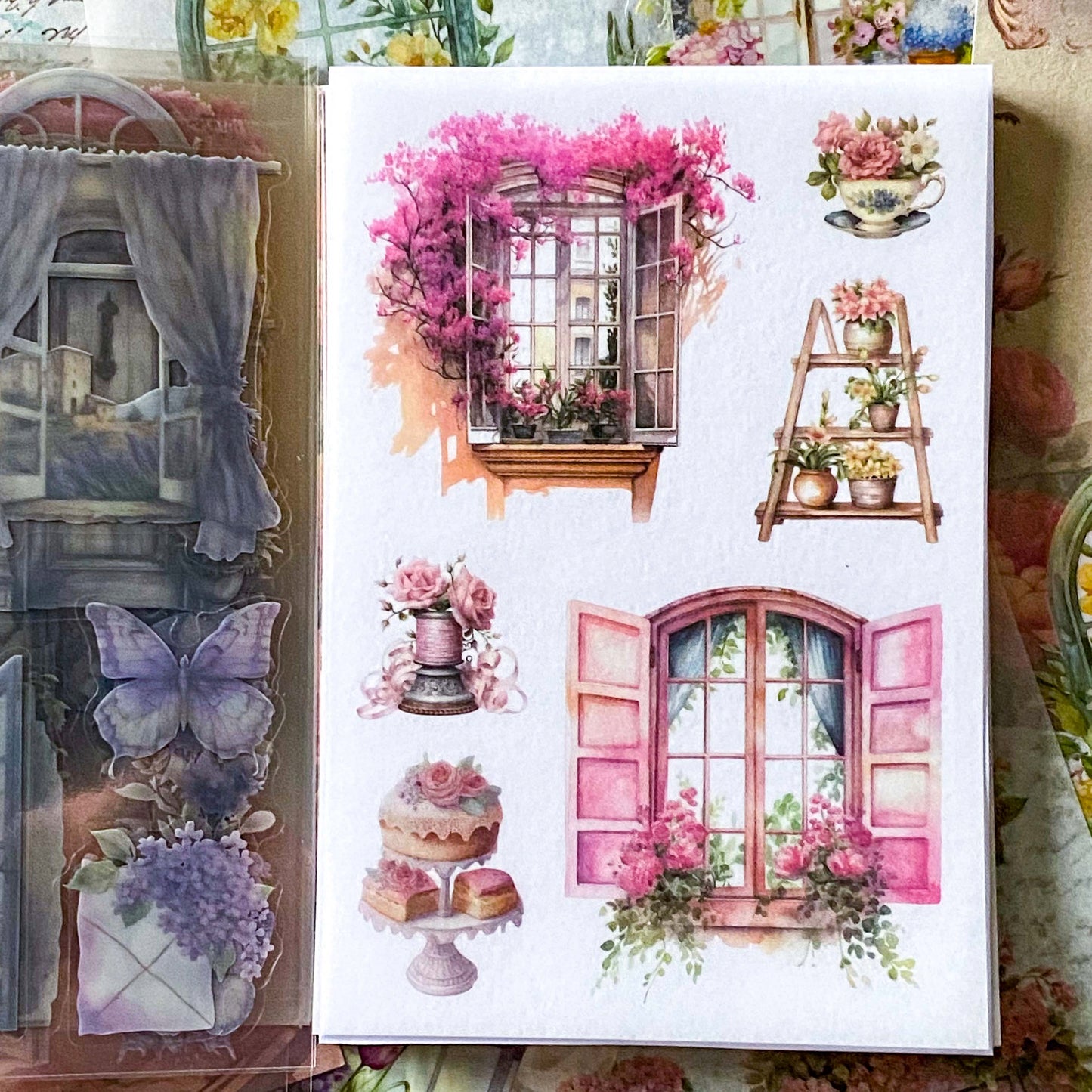 close up of a hot pink botanical washi sticker sheet with window illustrations and flowers