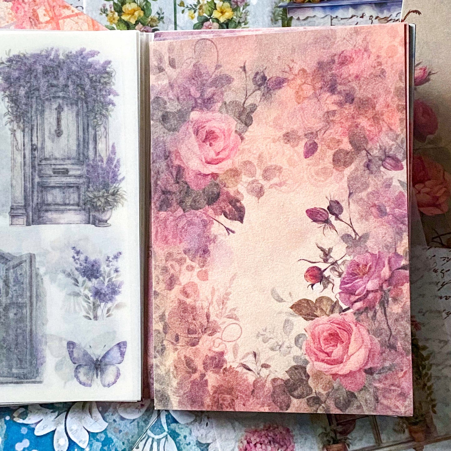 sheet of floral scrapbook paper with vintage rose pattern design for collage and journaling