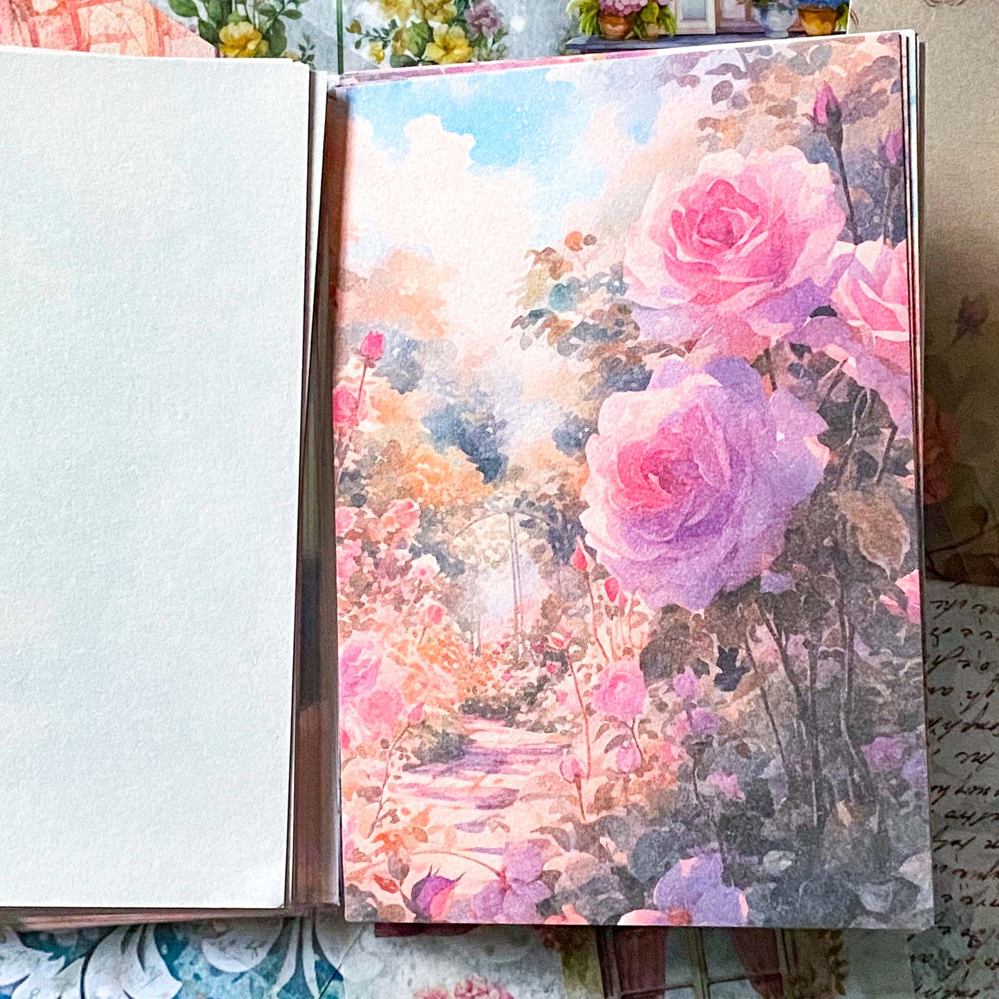 sheet of floral scrapbook paper with vintage rose pattern design for collage and journaling