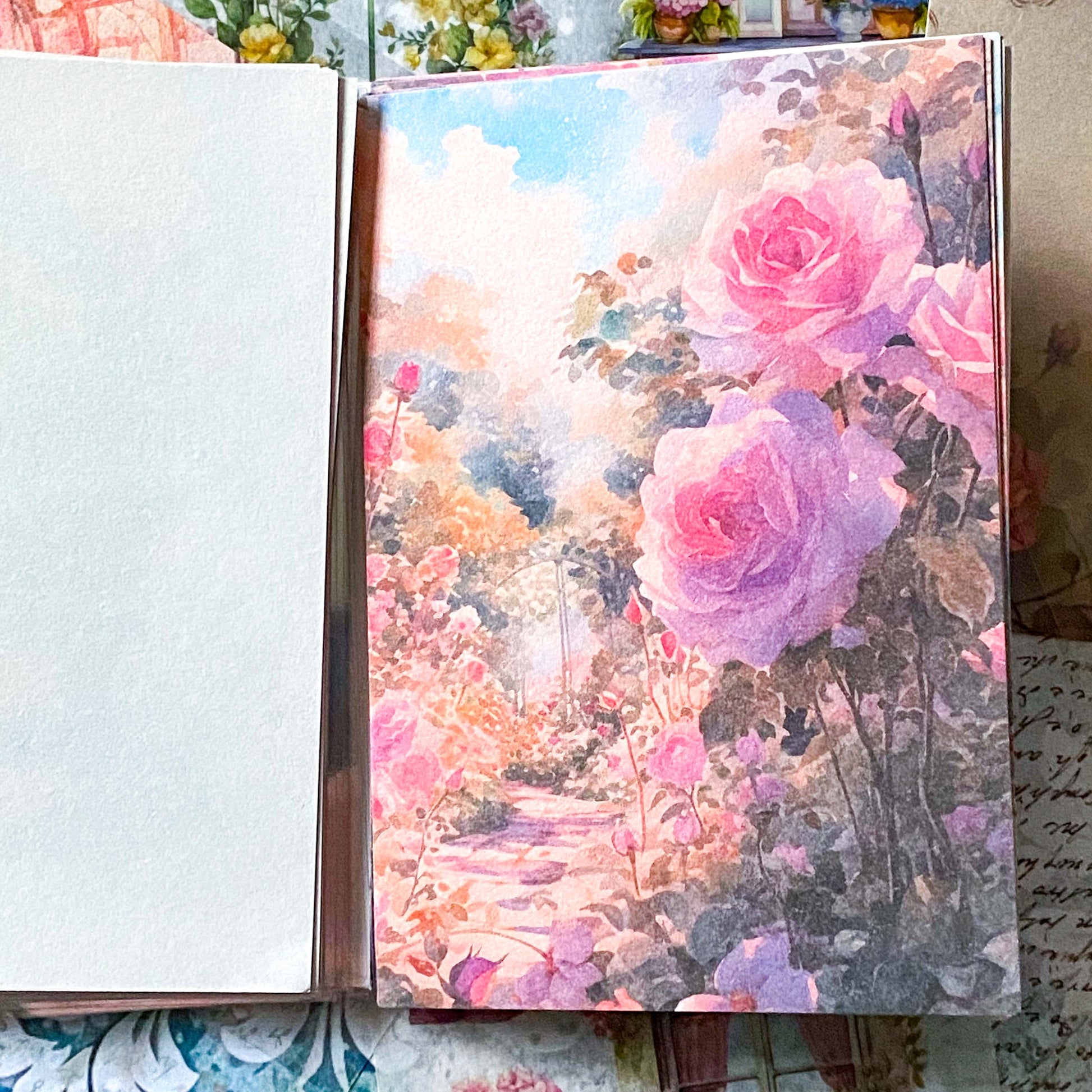 sheet of floral scrapbook paper with vintage rose pattern design for collage and journaling