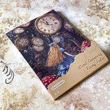 pack of 32 mini scrapbook papers with a vintage dark alice in wonderland theme with woodland mushrooms