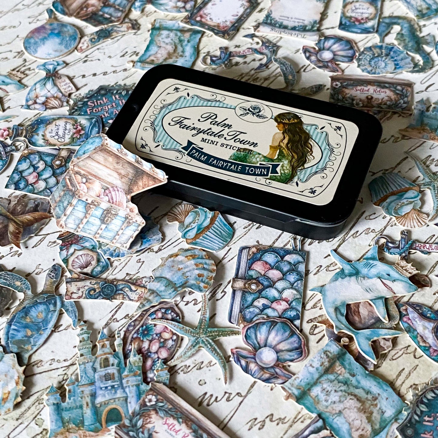 mermaid mini stickers in a metal tin with ocean themed designs