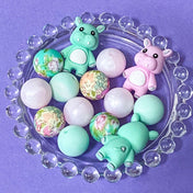 pastel silicone floral bead bundle with cute hippo focal jumbo bead and coordinating mint and pearl pink round beads for uk pen making and craft supplies