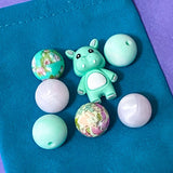 pastel silicone floral bead bundle with cute hippo focal jumbo bead and coordinating mint and pearl pink round beads for uk pen making and craft supplies