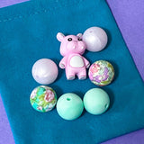 pastel silicone floral bead bundle with cute hippo focal jumbo bead and coordinating mint and pearl pink round beads for uk pen making and craft supplies
