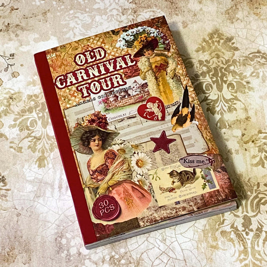vintage style matte paper sticker book titled old carnival tour featuring victorian ladies, angels, kitsch animals, mermaids, retro food adverts, nostalgic ephemera sticker pages, 30 sheets uk stationery