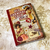 vintage style matte paper sticker book titled old carnival tour featuring victorian ladies, angels, kitsch animals, mermaids, retro food adverts, nostalgic ephemera sticker pages, 30 sheets uk stationery