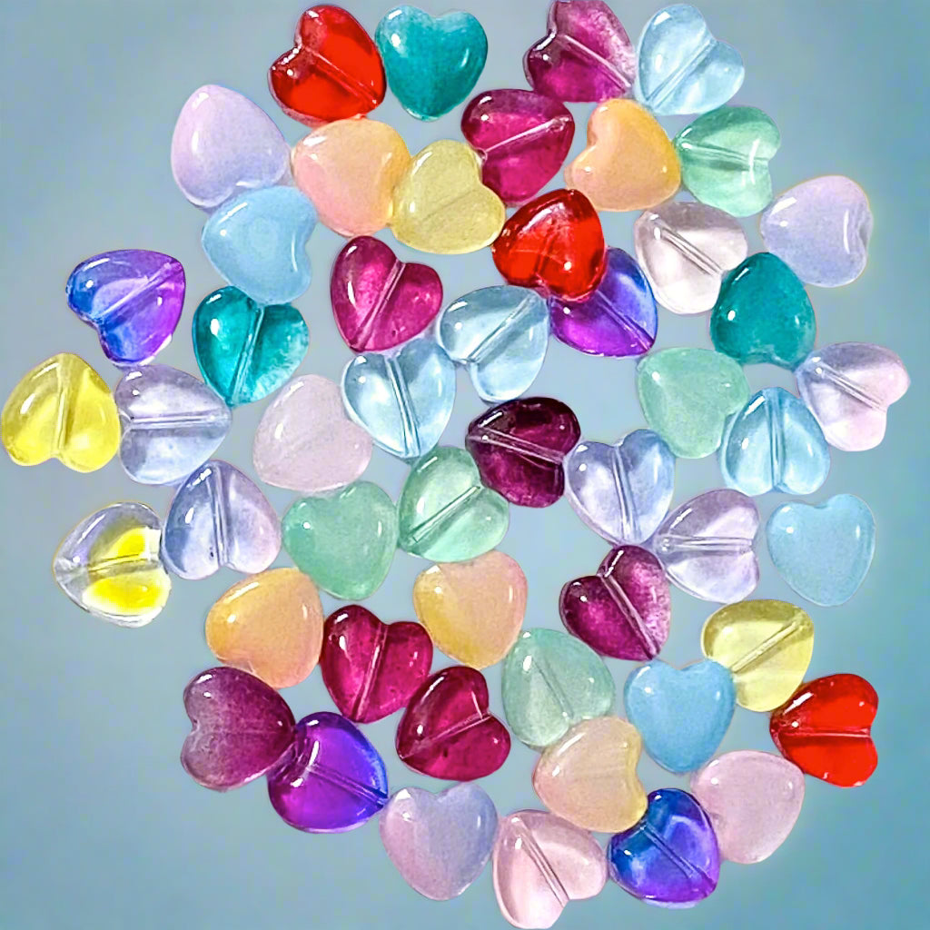 12mm glass heart beads small rounded smooth pretty bead colourful uk craft supplies shop store jewellery making red green blue yellow clear purple lilac pink orange ombre