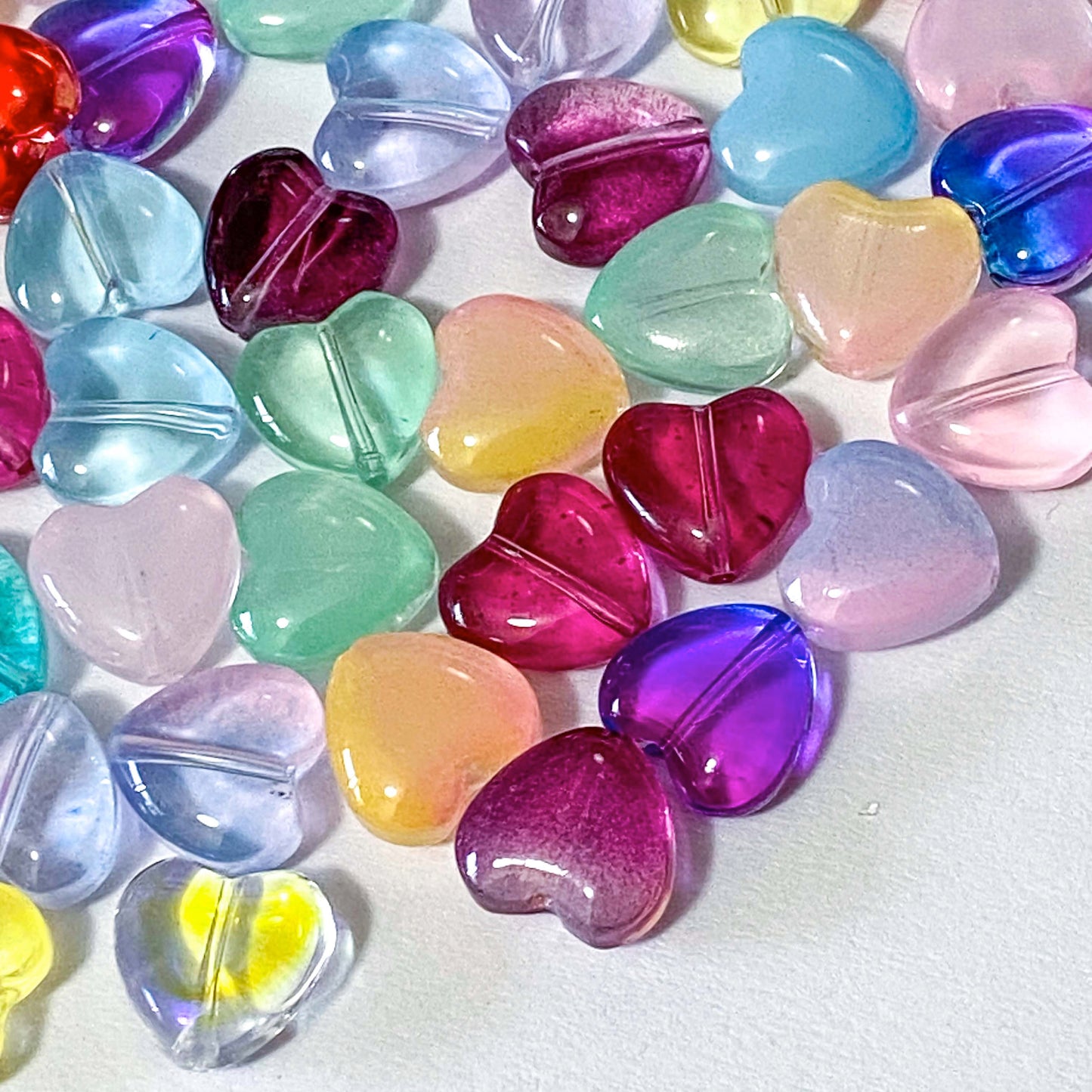 12mm glass heart beads small rounded smooth pretty bead colourful uk craft supplies shop store jewellery making red green blue yellow clear purple lilac pink orange ombre