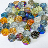 round flat bead beads glass patterned swirly floral double sided craft supplies 10mm slices uk shop store jewellery making colourful orange brown blue clear foil foiled green grey rose roses