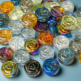 round flat bead beads glass patterned swirly floral double sided craft supplies 10mm slices uk shop store jewellery making colourful orange brown blue clear foil foiled green grey rose roses