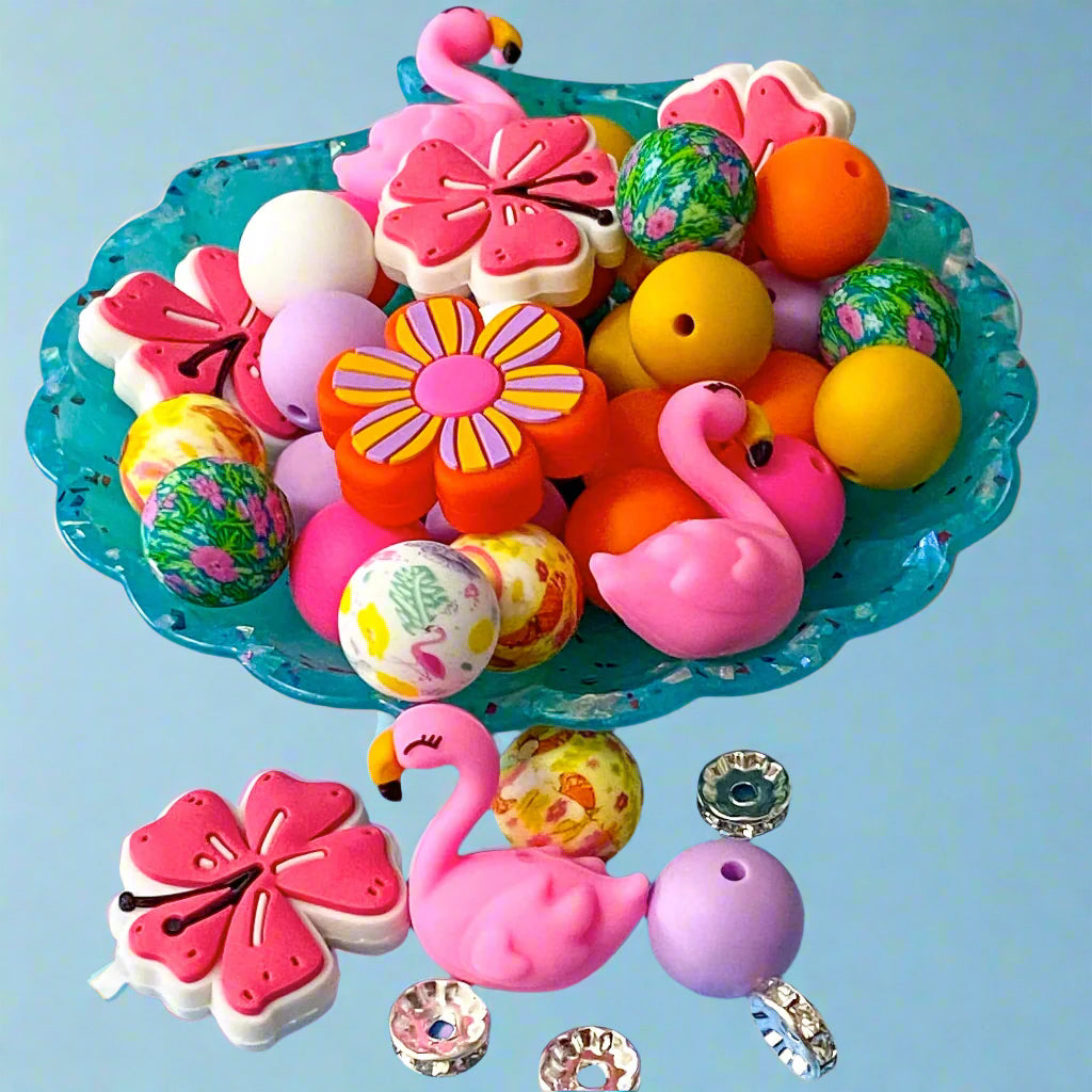 silicone bead beads floral summer tropical vibes flamingo palm tree leaf leaves green lilac orange mustard yellow hibiscus flower flowers floral yellow patterned jumbo big large uk cute kawaii craft supplies shop store 30mm