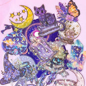 magic magical spooky sticker stickers flake flakes pack of 30 very large big holo holographic foil clear plastic pet black cat cats gems crystal crystals moon candle book potion bottle hat witch witches witchcraft uk cute kawaii stationery shop store purple lilac blue yellow vibrant sparkly glitter